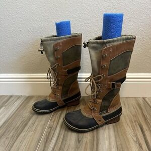 SOREL Boots Conquest Carly II 2‎ Tall Brown Green Lace Up6.5 Riding Heritage